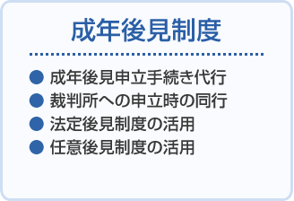 成年後見制度 ●成年後見申立手続き代行 ●裁判所への申立時の同行 ●法定後見制度の活用 ●任意後見制度の活用